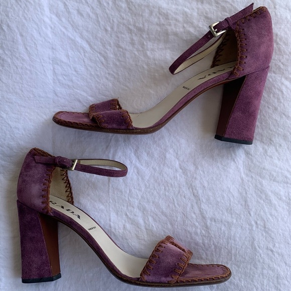Vintage Prada Suede Stitch Square Toe Sandal Block Heels Purple - Picture 3 of 7
